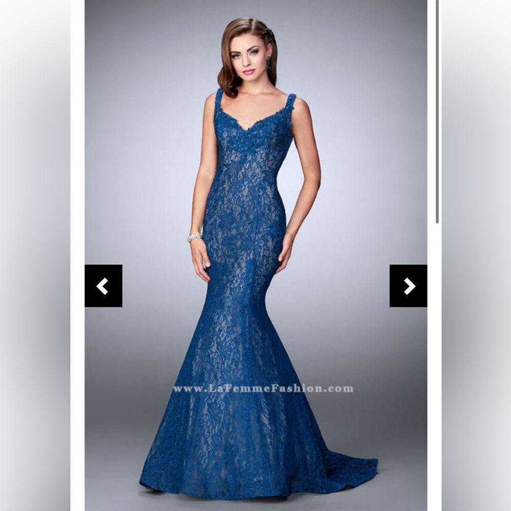 La Femme 23413 Blue Lace Jeweled Mermaid Gown